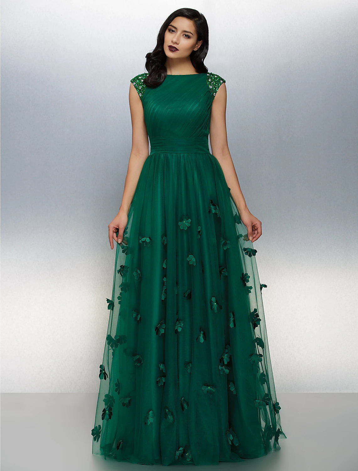 A-Line Floral Dress Wedding Guest Floor Length Short Sleeve Boat Neck Tulle with Crystals Appliques